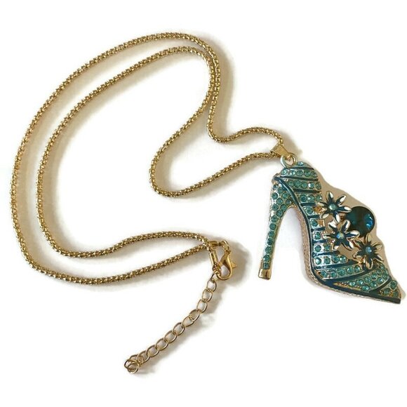 𝅺Aqua Blue Crystal High Heel Shoe Sweater Necklace Collection NWOT - Picture 4 of 5